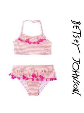 Betsey Johnson | Pink And Cream Seersucker Pompom Trimmed Bikini Set | Size 12